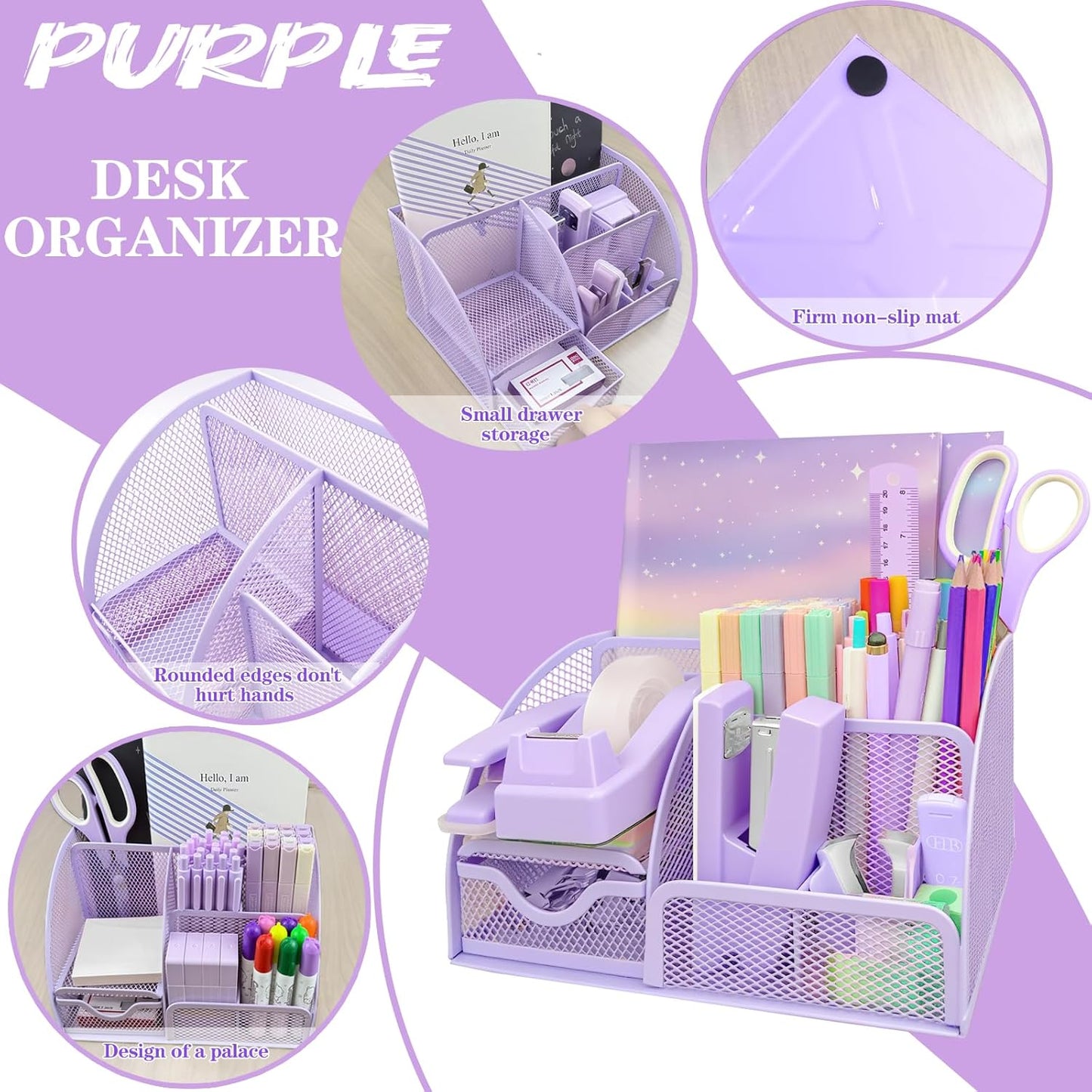 Purple Desk Accessories, 17Pcs Purple Office Supplies Set with Stapler, Mesh Desk Organizer, Tape Dispenser, Staple Remover, Pen Holder, Clips, Pens, Ruler, for Office Home School Women Students Gift