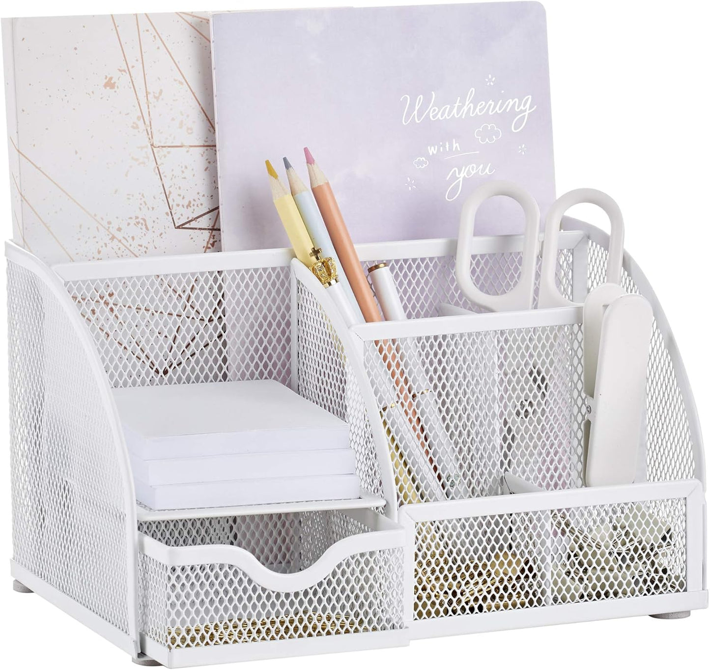 Exerz Desk Organizer Golden Office Desk Accessories Supplies Office Storage Desktop Pencil Pen Holder with Drawer Home Workspace