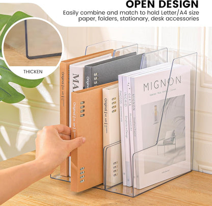CiWiVOKi Vertical File Holder, Clear PET Desk Organizer and Storage Bins Holding for Magazines, Binders, Notebooks, Envelopes, Multi-purpose Plastic Document Organizer for Home Office, 4 pack