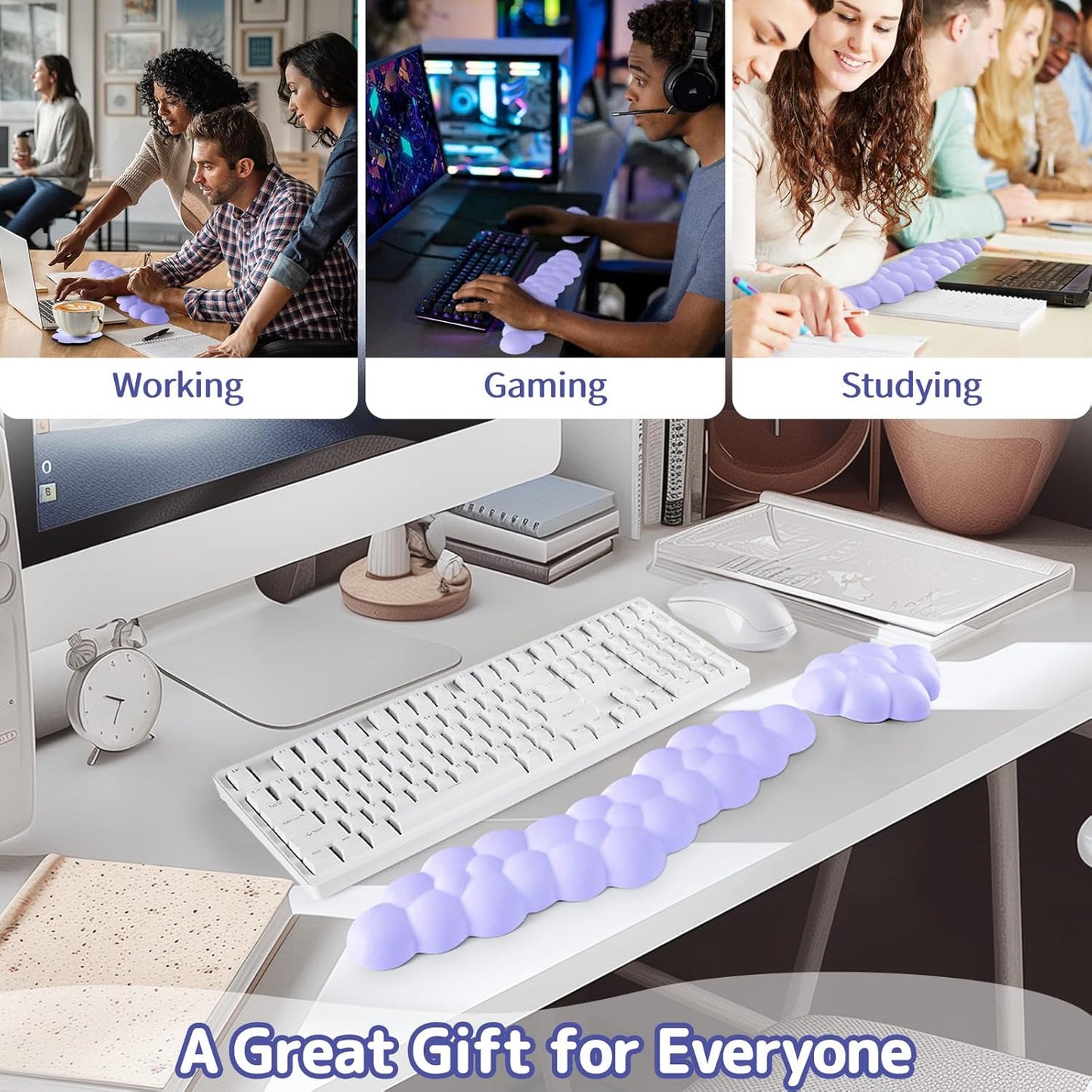 Sushret Cloud Wrist Rest for Keyboard and Mouse, Memory Foam PU Leather Keyboard Wrist Rest with Ergonomic Support, Non-Slip Base, Cute Arm Rest Pad & Palm Cushion, Office Desk Accessory, White