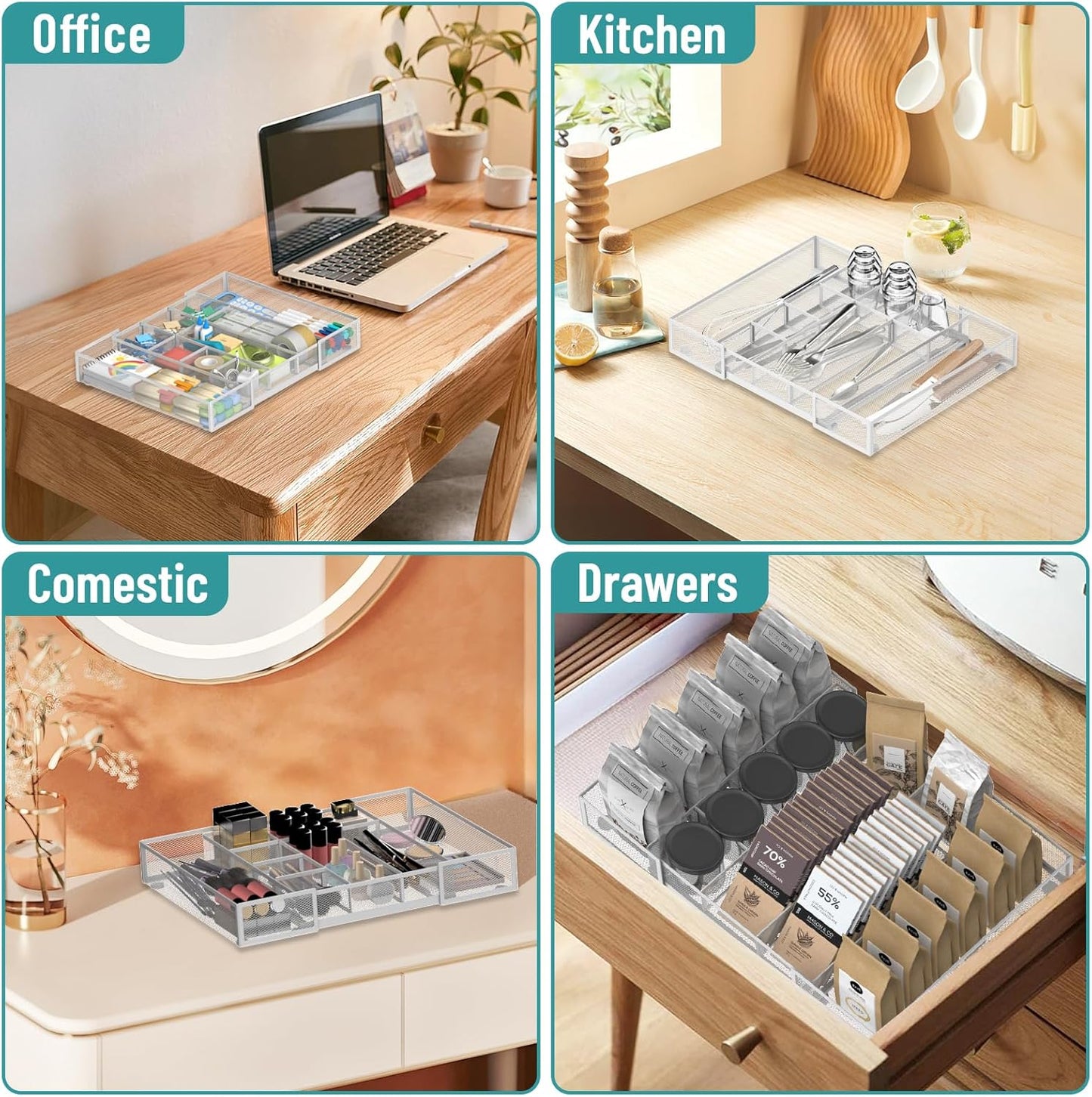 Expandable Desk Drawer Organizer Tray with 10 Adjustable Compartments, Metal Mesh Office Drawer Organizer, Versatile Desk Organizer for Home, School Supplies, Makeup Vanity & Jewelry (Black)