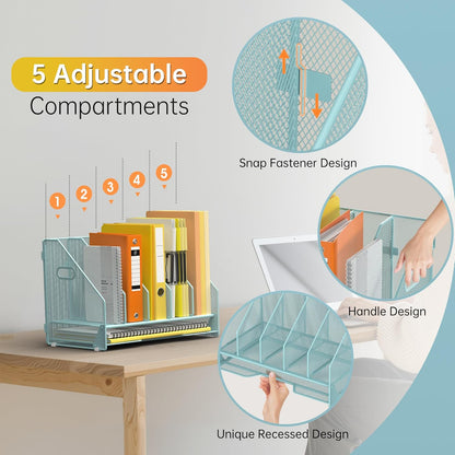 Docnest Desk File Holder Sorter, 4 Vertical Compartments Rack with Letter Tray, Mesh Magazine File Holder with Handle,Workspace Organizers,Desk Organizers for Paper, Mail, Documents-Black