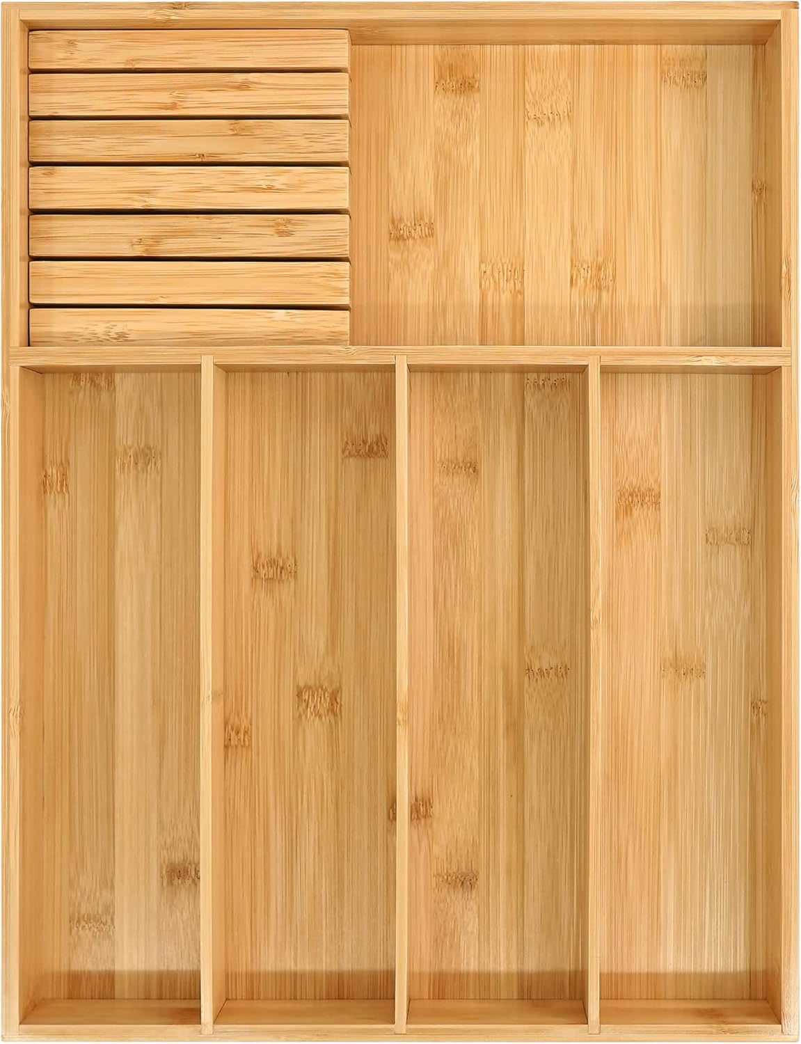 VaeFae Bamboo Silverware Drawer Organizer Kitchen, Expandable Utensil Organizer with Knife Block, Cutlery Tray with Divider, Multifunctional Drawer Organizer