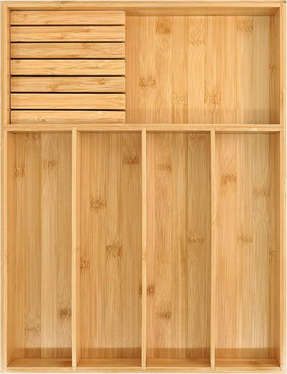 VaeFae Bamboo Silverware Drawer Organizer Kitchen, Expandable Utensil Organizer with Knife Block, Cutlery Tray with Divider, Multifunctional Drawer Organizer