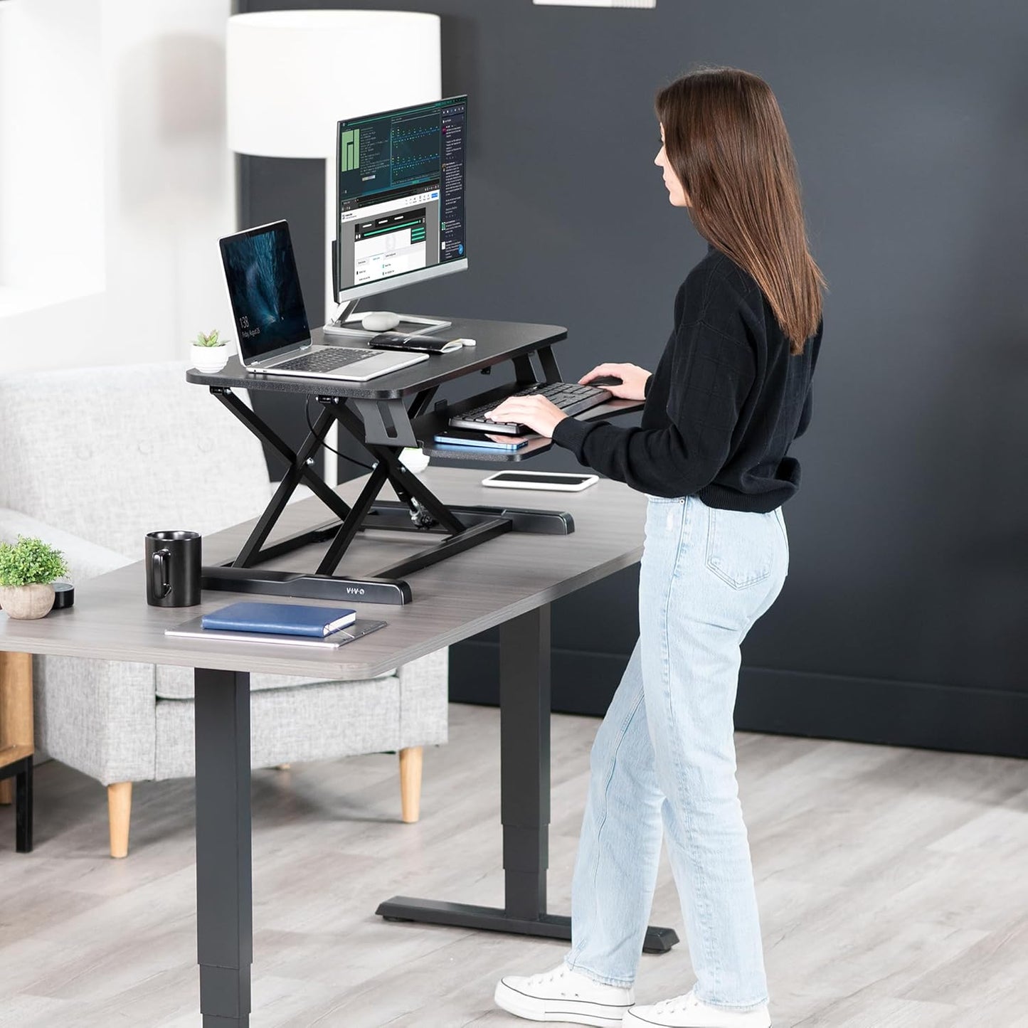 VIVO 26 inch Desk Converter, K Series, Height Adjustable Sit to Stand Riser, Dual Monitor and Laptop Workstation with Keyboard Tray, Black, DESK-V026KB