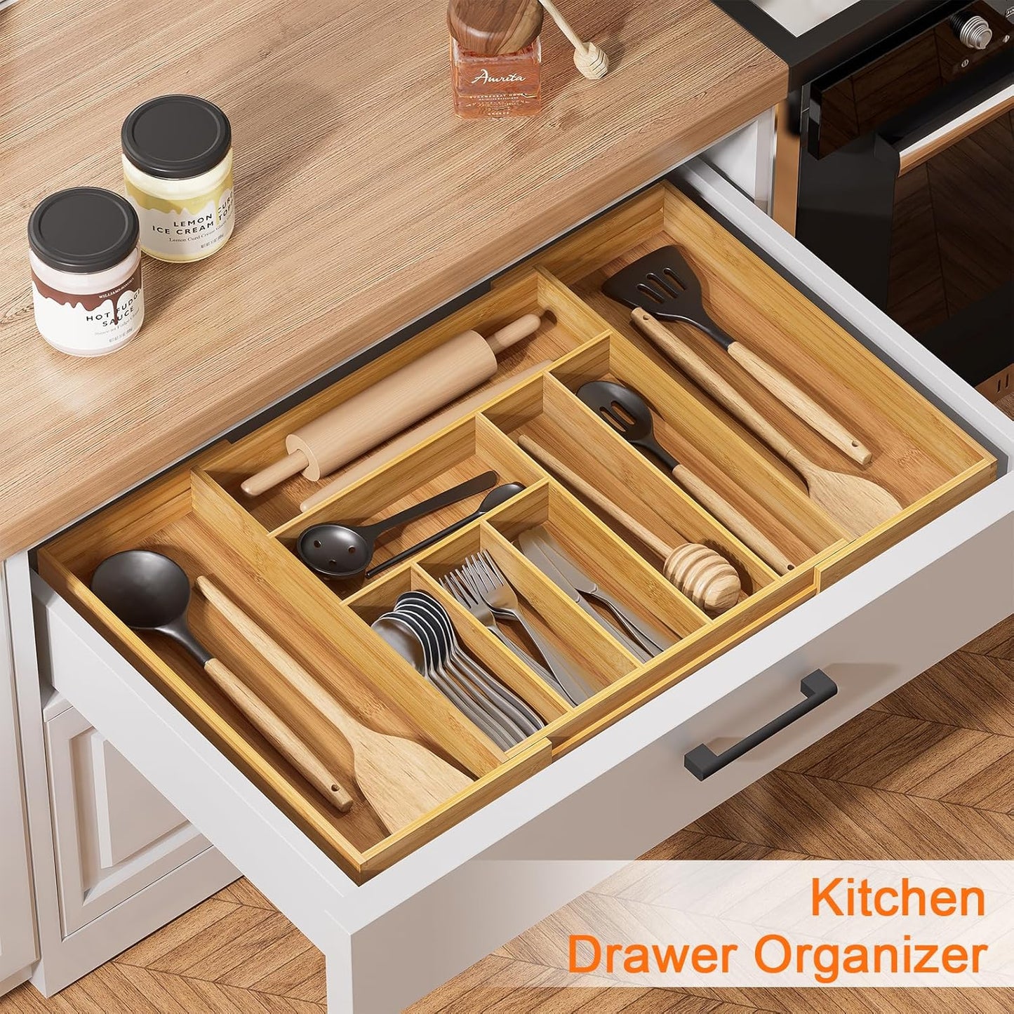 Youpehom Bamboo Utensil Organizer for Kitchen Drawers, Expandable Utensil Tray and Cutlery Silverware Holder,Wood Drawer Dividers with 7 Adjustable Slots
