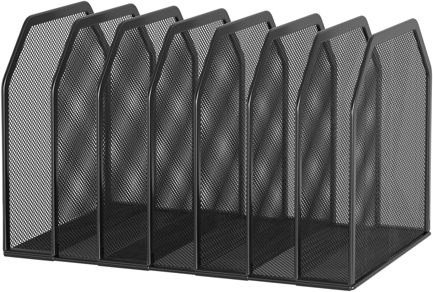 FANXIYQ Metal 7-Section File Folder Organizer for Desk | Vertical Office File Holder | Heavy-Duty Mesh Document Sorter for Books, Binders, Laptops | Black Desk Organizer (12.8”x8.5”x7.9”)