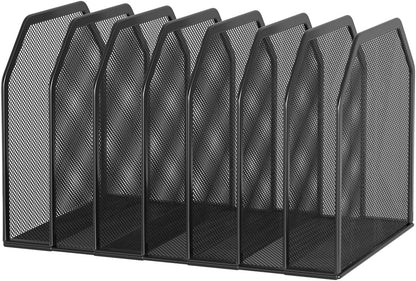FANXIYQ Metal 7-Section File Folder Organizer for Desk | Vertical Office File Holder | Heavy-Duty Mesh Document Sorter for Books, Binders, Laptops | Black Desk Organizer (12.8”x8.5”x7.9”)