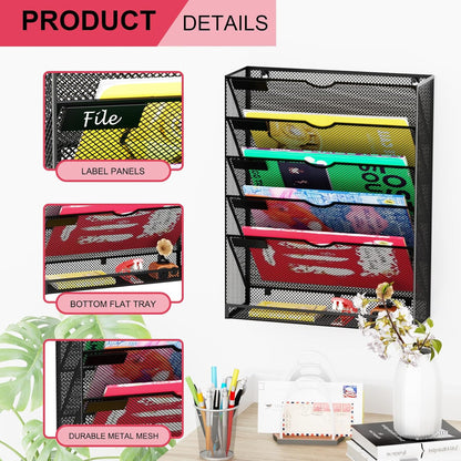 Wall File Organizer Holder Mesh Hanging Paper Document Holder,Vertical 6 Pocket Tier for Office Home, Black