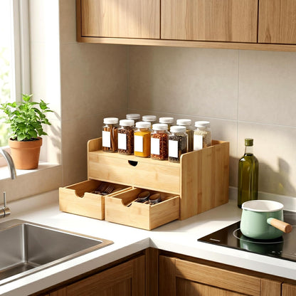 Desk Organizer with Drawers - Bamboo Desktop Organizer Storage | Wood Desk Drawers Organizer for Bills, Office Supplies, Cosmetics, Seals No Assembly Required (3 Drawer with Big Drawer)