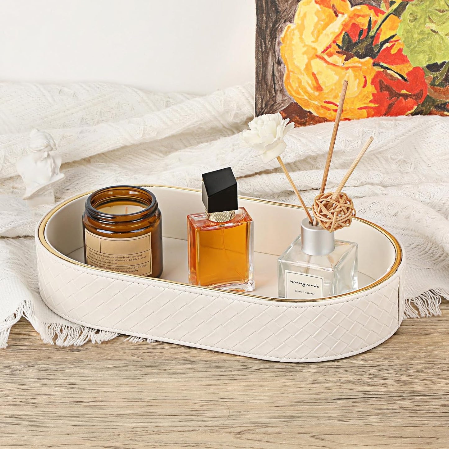 Hipiwe Perfume Trays PU Leather Vanity Tray for Dresser Bathroom Valet Trays Oval Desk Tray Jewelry Dish Holder Decorative Catchall Trays Nightstand Organizer, Beige