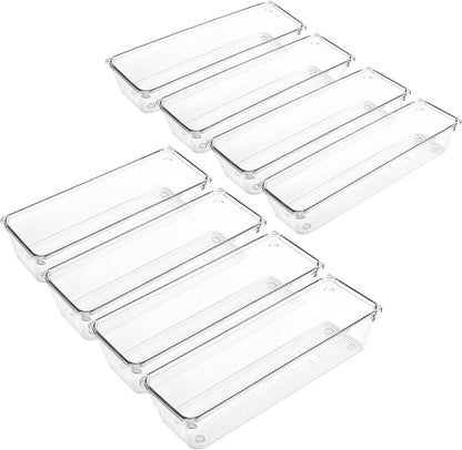 LotFancy 8 Pack Clear Plastic Drawer Organizers, 9.2''×3''×2'', Food Grade Storage Trays, Non-Slip Storage Bins for Kitchen Utensil, Silverware Cutlery, Bathroom, Office Desk, Makeup, Jewelry