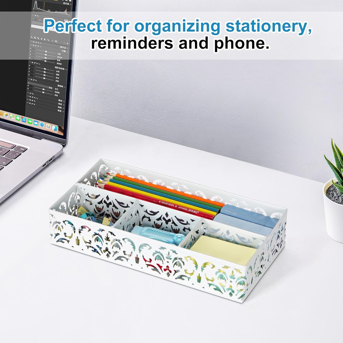 EasyPAG Desk Drawer Organizer with 4 Compartments, Carved Hollow Floral Metal Tray for Office, Jewelry, Cosmetics - No Assembly, Purple