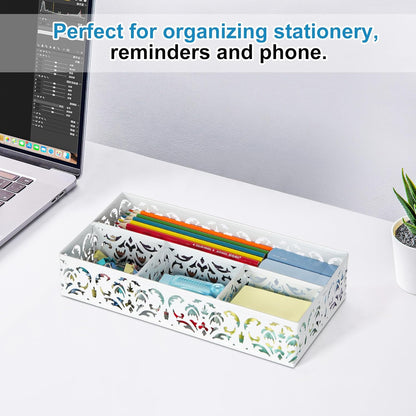 EasyPAG Desk Drawer Organizer with 4 Compartments, Carved Hollow Floral Metal Tray for Office, Jewelry, Cosmetics - No Assembly, Purple