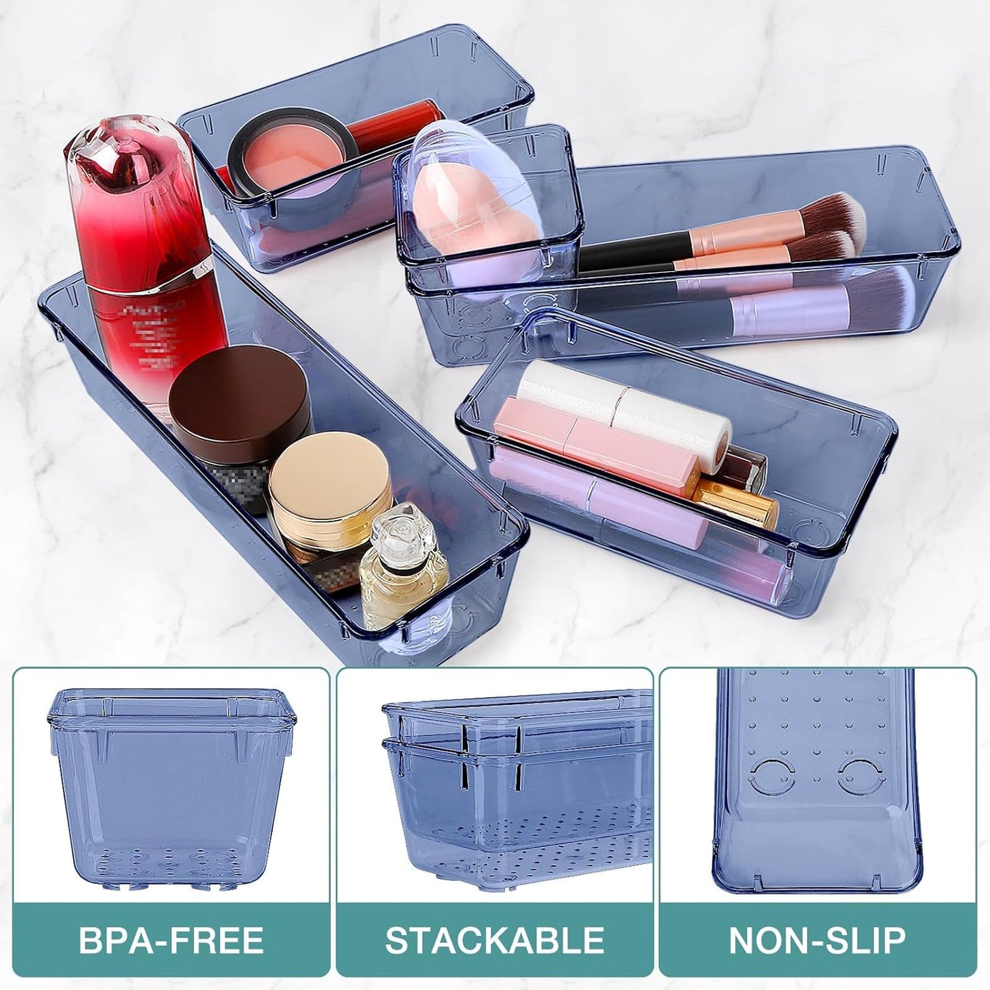 StorMiracle 16 PCS Drawer Organizer Set, 5 Varied Size Bathroom and kitchen Drawer cabinet organizer Trays, Clear Storage Bins for Makeup, Jewelry, Utensils and Gadgets