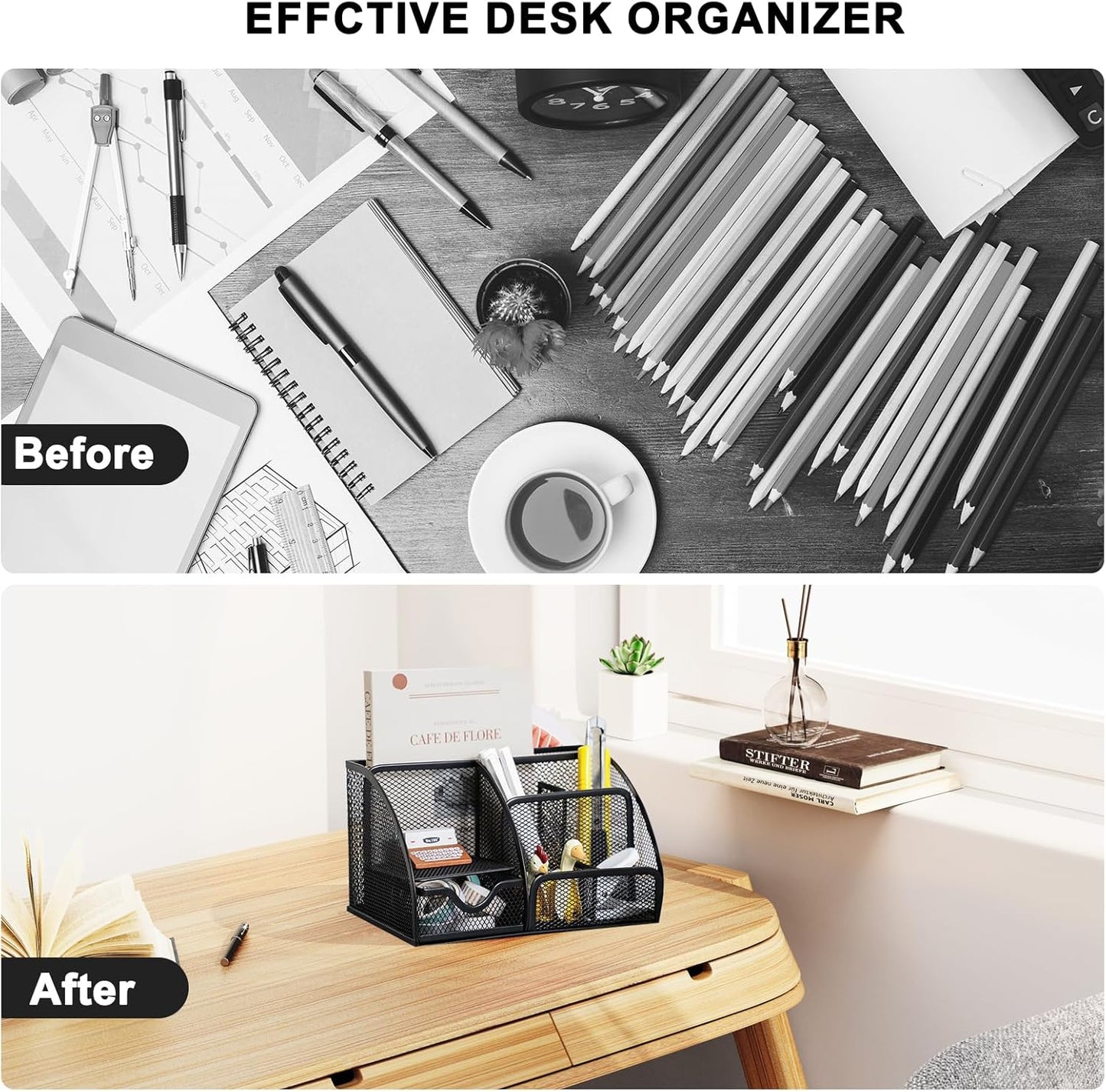 Cayxenful Pencil Holder For Desk,5 Slots 360°Degree Rotating Desk Organizers And Accessories,Desktop Storage Stationery Supplies Organizer, Cute Pencil Cup Pot For Office, School, Home (B-White)