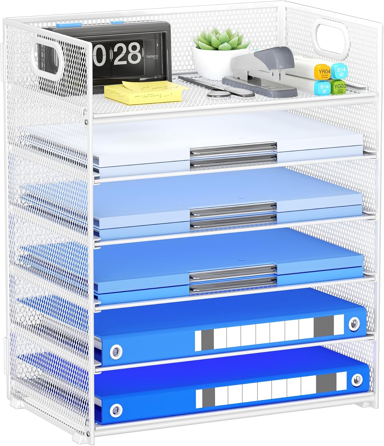 Paper Organizer Letter Tray with Handle, 5-Tier Black Stackable Desk Organizer with Metal Mesh, Sturdy Paper Tray for Office Desk, Home & Classroom Supplies Storage