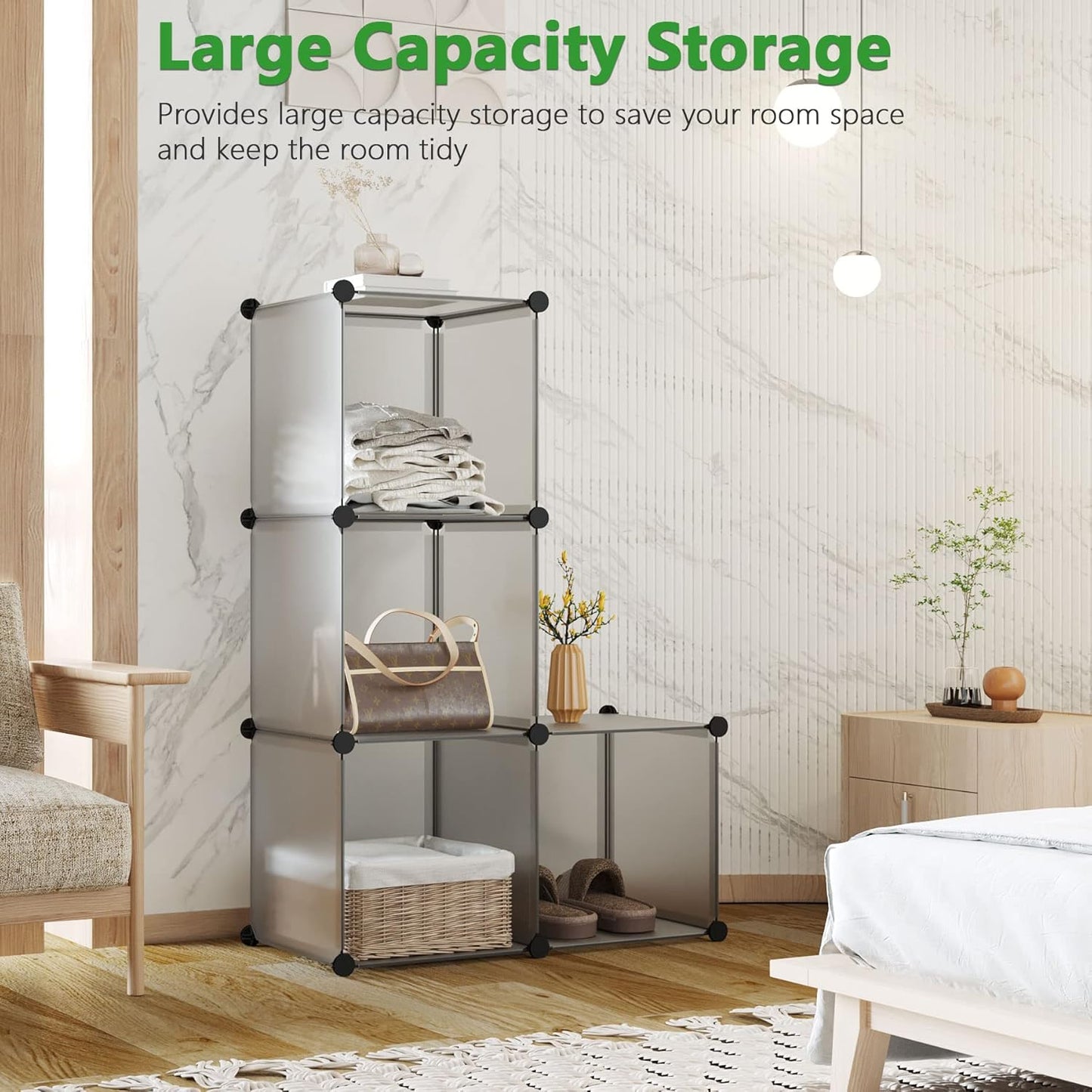 C&AHOME Cube Storage Organizer, 4-Cube Shelves Units, Closet Cabinet, DIY Plastic Modular Book Shelf Ideal for Bedroom, Living Room, Office, 24.8" L x 12.4" W x 24.8" H Milky UPCS04M
