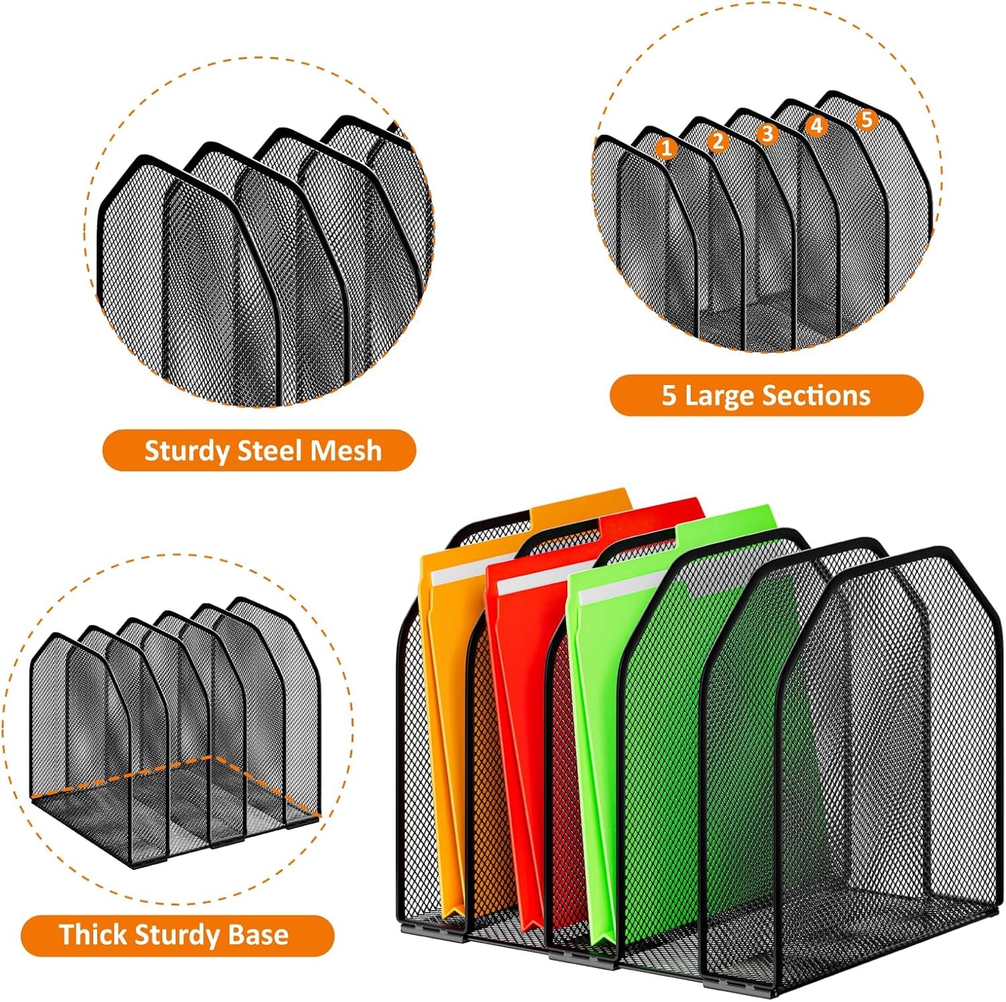 FUCDTEFC Desk File Organizer, Adjustable 5 Sections Upright Desktop Organizer File Sorter, Sturdy Metal Mesh Vertical Bookshelf File Holder Workspace Accessories for Home,School,Office Classroom,Black
