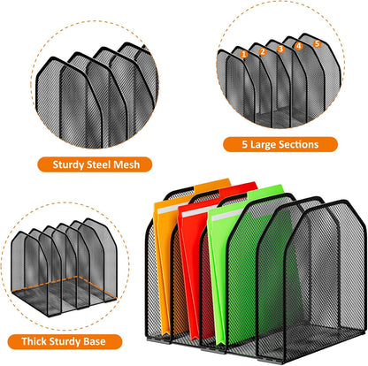 FUCDTEFC Desk File Organizer, Adjustable 5 Sections Upright Desktop Organizer File Sorter, Sturdy Metal Mesh Vertical Bookshelf File Holder Workspace Accessories for Home,School,Office Classroom,Black