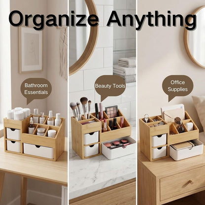 Bamboo Makeup Organizer with 3 Drawers & Adjustable Dividers, Desk Cosmetic Storage Box, Vanity Countertop Organizer for Bathroom, Office, Bedroom (11.5x5.4in)