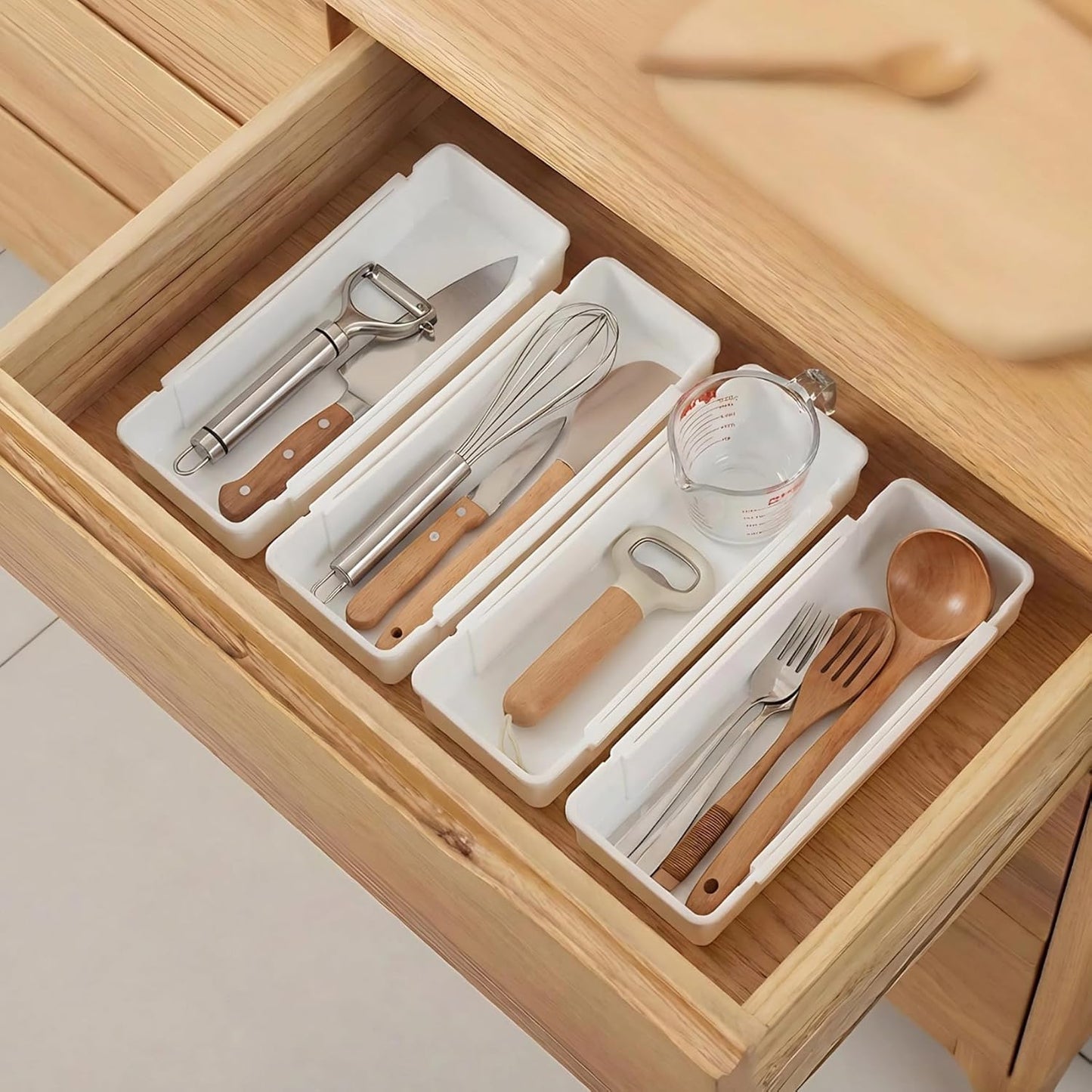 Drawer Organizers Set | 4-Pack Expandable Drawer Dividers for Bedroom, Bathroom, Kitchen & Office | Plastic Drawer Trays with Adjustable Length (White)