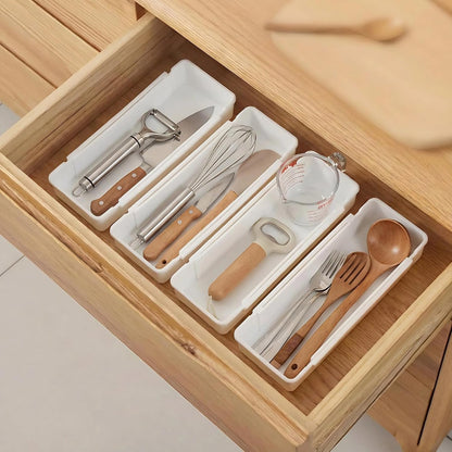Drawer Organizers Set | 4-Pack Expandable Drawer Dividers for Bedroom, Bathroom, Kitchen & Office | Plastic Drawer Trays with Adjustable Length (White)