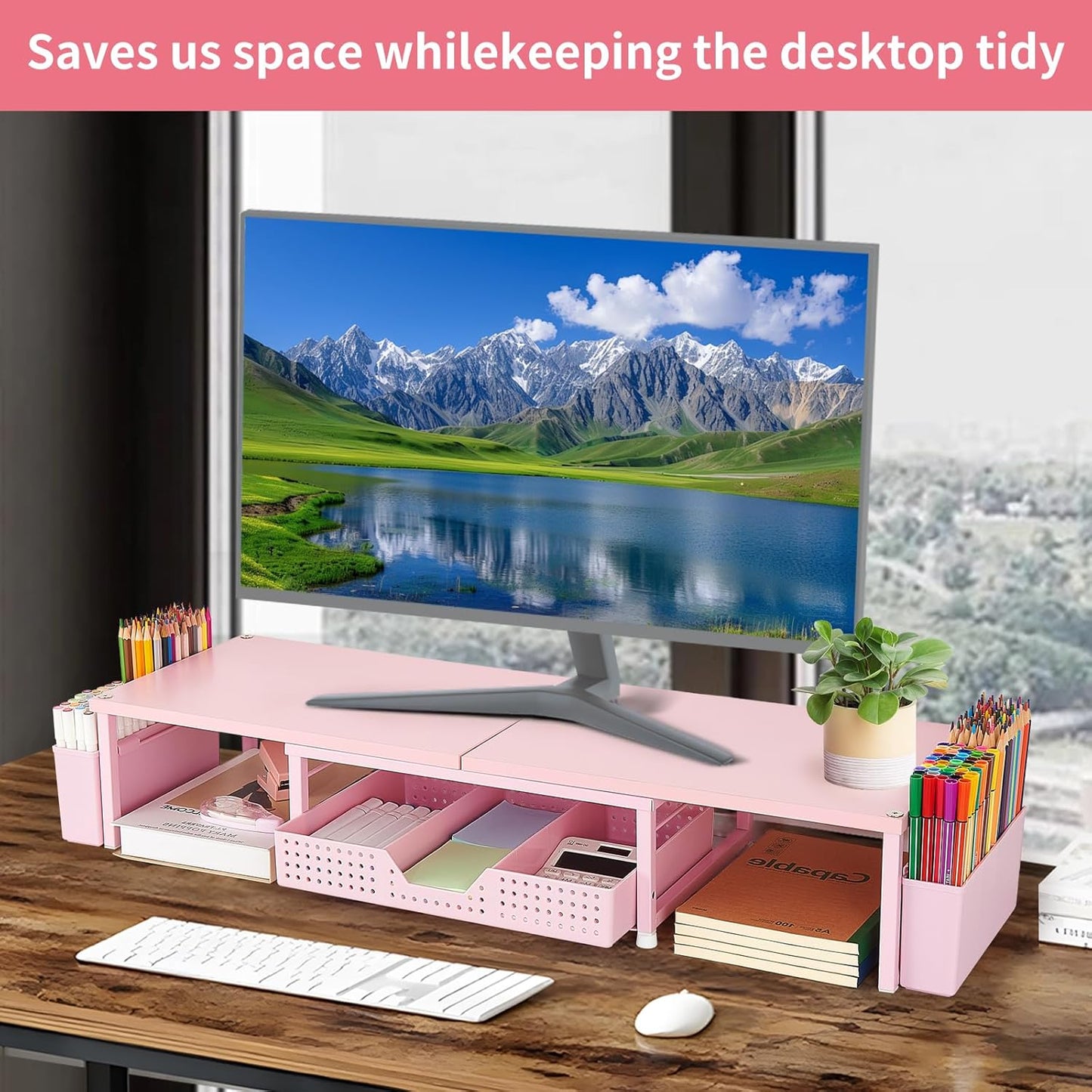OPNICE Clear Acrylic Desk Organizers and Accessories, Dual Monitor Stand Riser with Drawer, Desk Shelf Computer Racks for Office Workspace Organizers, Desktop Organization (Transparent)