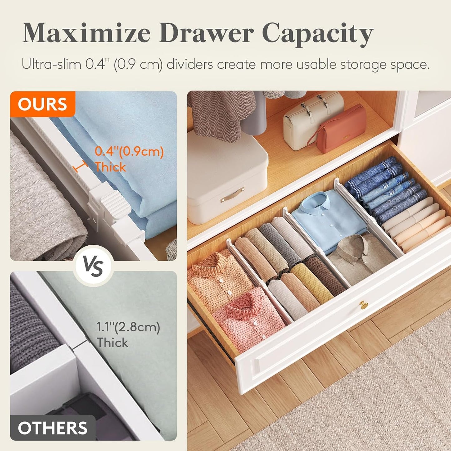 Lifewit Drawer Dividers for Clothes, 3.2" Tall 10.5"-16.5" Expandable Dresser Drawer Organizers, Adjustable White Plastic Separators for Kitchen, Cabinet, Nursery, Socks & Underwear Storage, 4 Pack