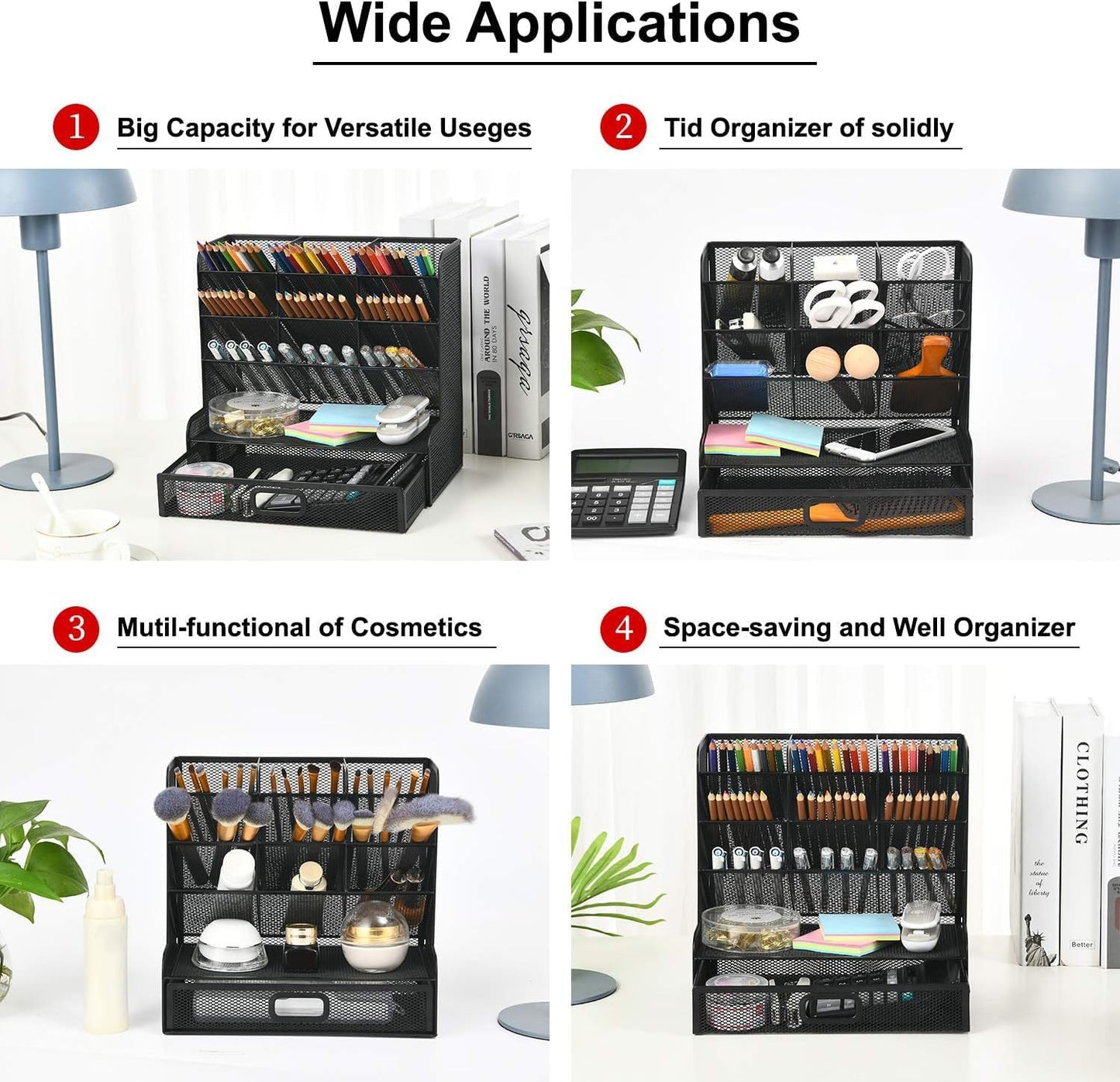 Marbrasse Mesh Pen Holder for Desk, Multi-Functional Pencil Organizer with Drawer, Desk Organizers and Accessories for Office Art Supplies (Black)