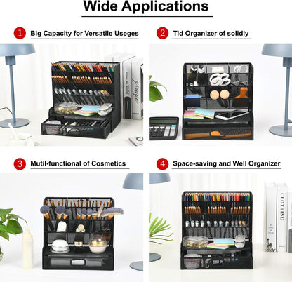 Marbrasse Mesh Pen Holder for Desk, Multi-Functional Pencil Organizer with Drawer, Desk Organizers and Accessories for Office Art Supplies (Black)