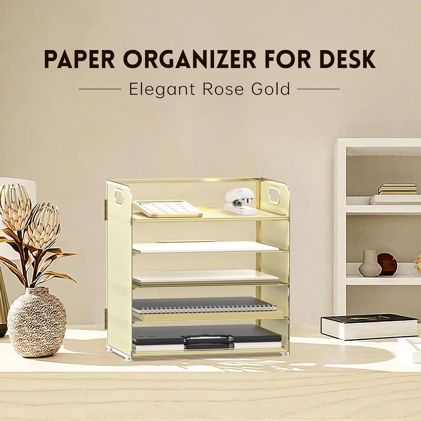 Supeasy 5 Trays Paper Organizer Letter Tray with Handle-Mesh Desk File Holders, Paper Sorter Desk Organizer for Office, Home, Classroom or School, White