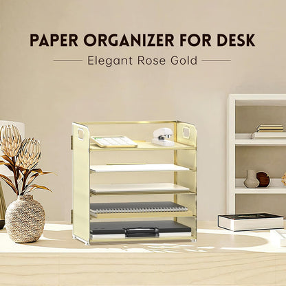 Supeasy 5 Trays Paper Organizer Letter Tray with Handle-Mesh Desk File Holders, Paper Sorter Desk Organizer for Office, Home, Classroom or School, White