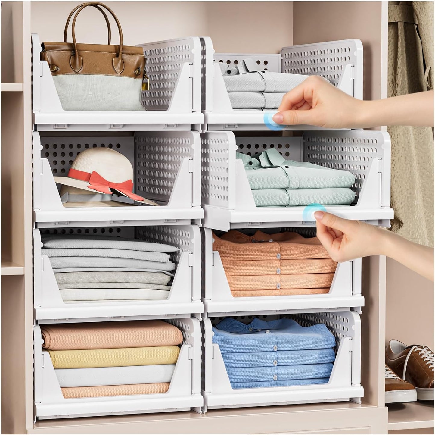 5 Pack Stackable Closet Storage Basket - Stackable Storage Bins, Multifunctional & Foldable Closet Organizer Waterproof, Wardrobe Cupboard Space-Saving Hat Storage Drawer Organizer, White