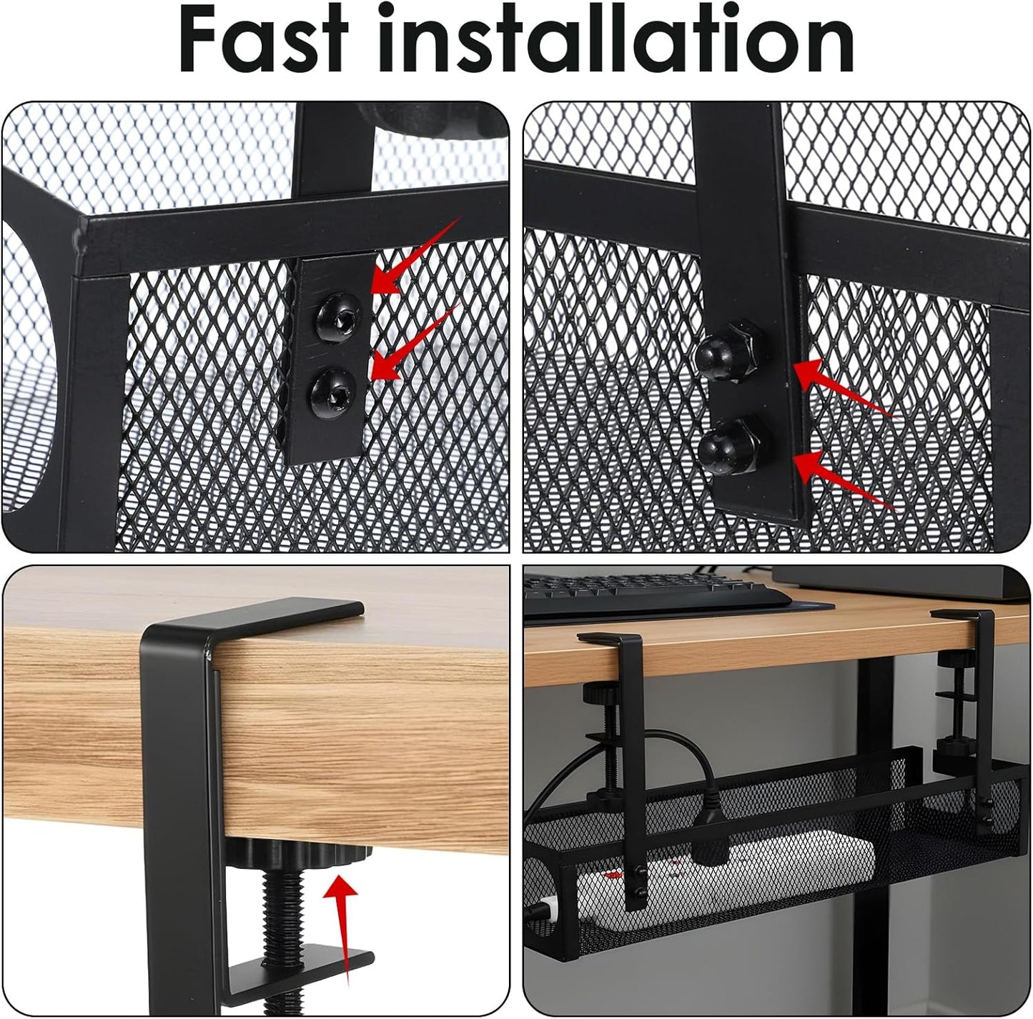 2 Pack Under Desk Cable Management Tray, 15 Inch No Drill Metal Mesh Organizer with Hybrid Side Slots, Wire Holder Storage Rack for Office Home Desk