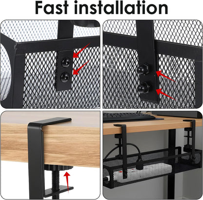 2 Pack Under Desk Cable Management Tray, 15 Inch No Drill Metal Mesh Organizer with Hybrid Side Slots, Wire Holder Storage Rack for Office Home Desk