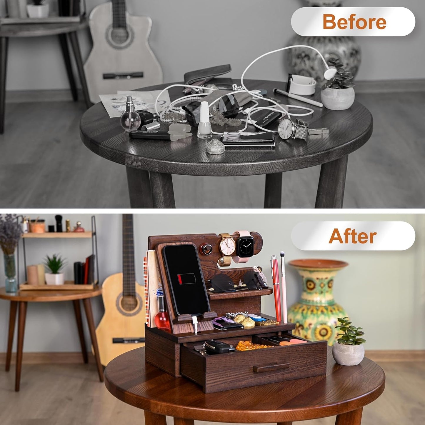 TESLYAR Wood Phone Docking Station with Drawer - Nightstand Organizer - Desk Organizer for Husband - Birthday Gifts for Men, Dad, Anniversary Idea, Key Holder Stand Watch & Accessories (Antique Brown)