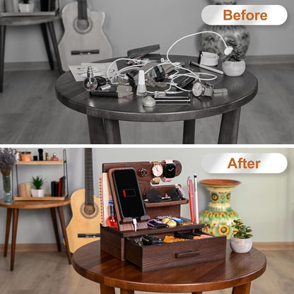 TESLYAR Wood Phone Docking Station with Drawer - Nightstand Organizer - Desk Organizer for Husband - Birthday Gifts for Men, Dad, Anniversary Idea, Key Holder Stand Watch & Accessories (Antique Brown)