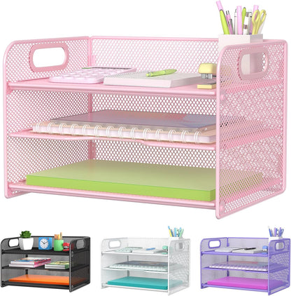 Samstar 3 Tier Letter Tray Paper Organizer with Handle, Mesh Desk Organizer Paper Sorter File Rack Shelves, Black