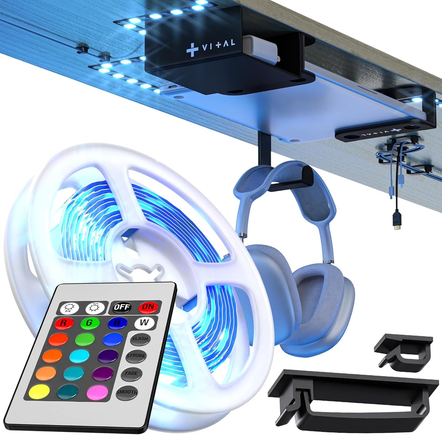 VI+AL Under Desk Laptop Mount - Hidden Metal Shelf with Side Storage, Hook & Cable Organizer - Installs with Tape & Screws - Fits Devices up to 1.7" Thick - Deluxe + LED (USB Light Strip & Remote)