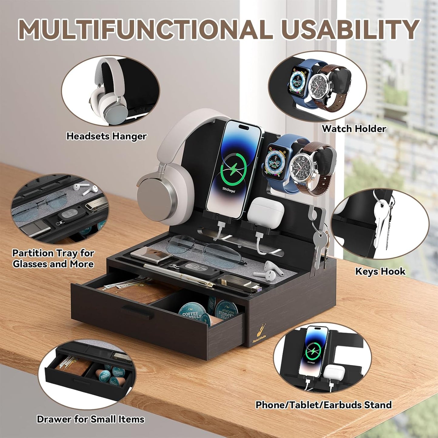 Pezin & Hulin Wooden Charging Station, Bedside Nightstand Tray, with Spacious Drawer, Felt Pads for Phones, Watch, Idea Gifts for Him Birthday, Son, Christmas for Papa Fathers Day (Nature)