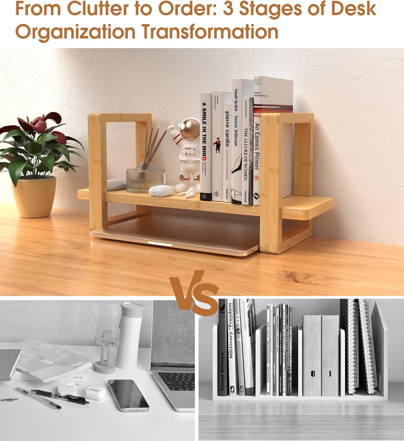 Small Adjustable Desk Bookshelf Organizer – Open Bookend Shelf Flexible to Fit as Much or as Little with Slide-in Joints | Portable, Reversible for Class, Dorm, Home Office | Bamboo
