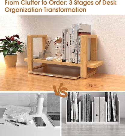 Small Adjustable Desk Bookshelf Organizer – Open Bookend Shelf Flexible to Fit as Much or as Little with Slide-in Joints | Portable, Reversible for Class, Dorm, Home Office | Bamboo