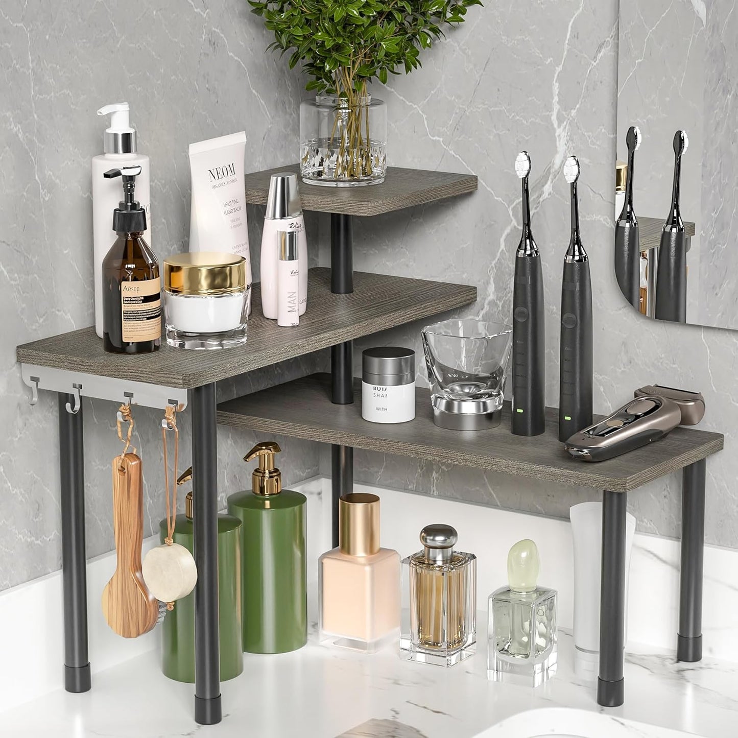 ZHWS Kitchen Countertop Organizer Spice Rack for Salt, Bathroom Counter Organizer Over Sink for Makeup, Skincare, Adjustable 3-Tier Corner Counter Shelf with 4 Hooks for Coffee Bar Dresser Table