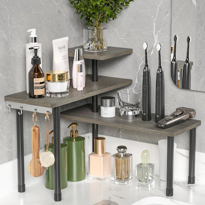 ZHWS Kitchen Countertop Organizer Spice Rack for Salt, Bathroom Counter Organizer Over Sink for Makeup, Skincare, Adjustable 3-Tier Corner Counter Shelf with 4 Hooks for Coffee Bar Dresser Table