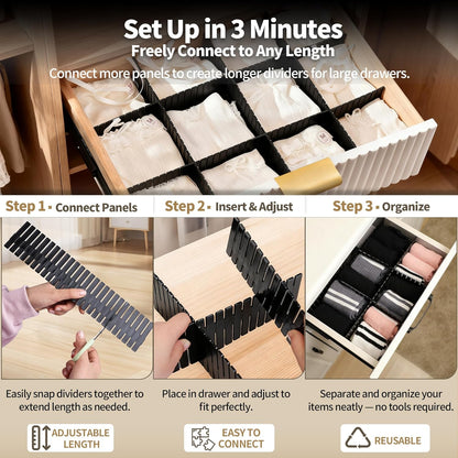 Drawer Divider Adjustable Diy Storage Organizer Separator for Tidying Clutter Cutlery Makeup Clothes of Dresses, Desk & Box in Kitchen Bathroom Bedroom Office (Cut at Will) (White 8pcs)