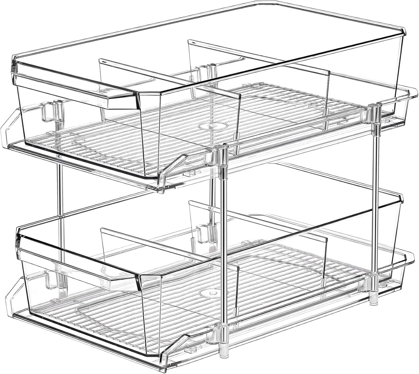 2 Set, 2 Tier Clear Organizer with Dividers for Cabinet, Shlef, Counter - MultiUse Slide-Out Storage Container - Kitchen, Pantry, Medicine Cupboard Bins, Bathroom, Vanity Makeup, Under Sink Organizing