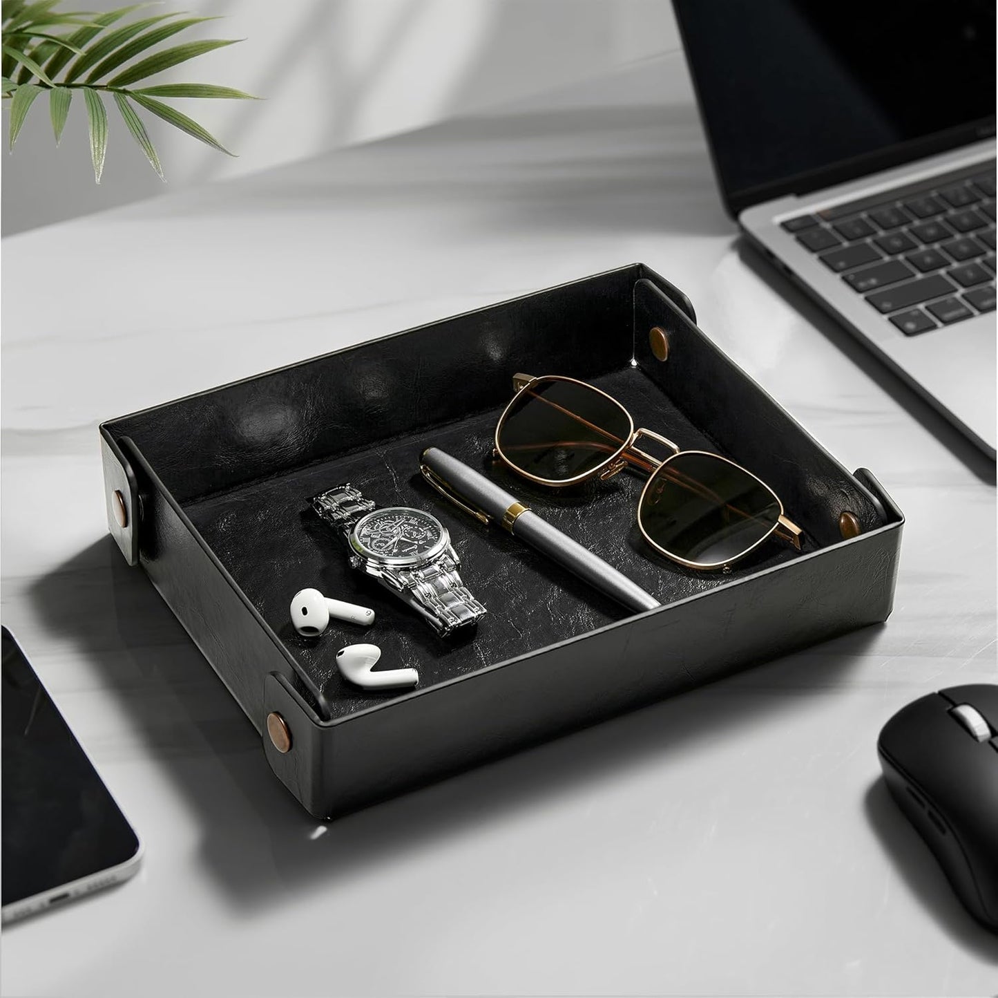 Catch All Valet Tray - EDC Organizer for Key, Wallet, Watch, Jewelry, Phone, coin change | Faux Leather Storage Tray for Dresser, Nightstand, Desk, Entryway, Travel Storage | Brown