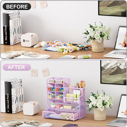 Marbrasse Mesh Pen Holder for Desk, Multi-Functional Pencil Organizer with Drawer, Desk Organizers and Accessories for Office Art Supplies (Black)