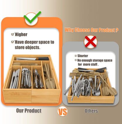 BAMEOS drawer organizer flatware organizer cutlery tray silverware organizer expandable adjustable bamboo drawer organizer kitchen bathroom